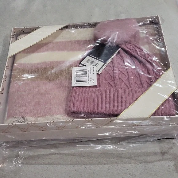 Nine West Plaid Scarf and Pom Beanie Set - Picture 3 of 5